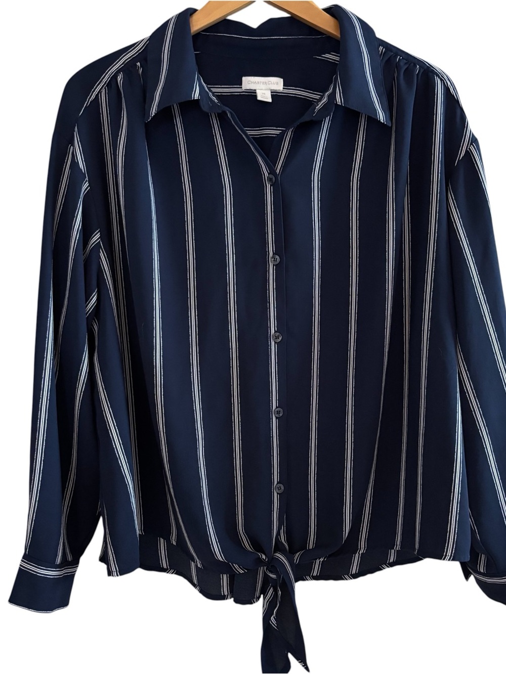 Charter Club Navy and White Striped Tie-Front Button Down Shirt